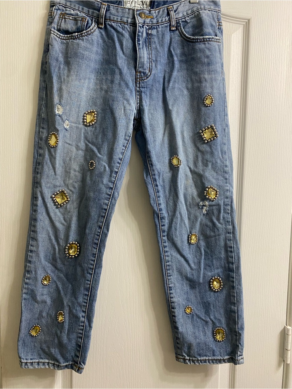 By Flow Korea Amber Jeweled Statement Distressed Ankle Y2K Whimsigoth Jeans Sz M - Picture 2 of 15